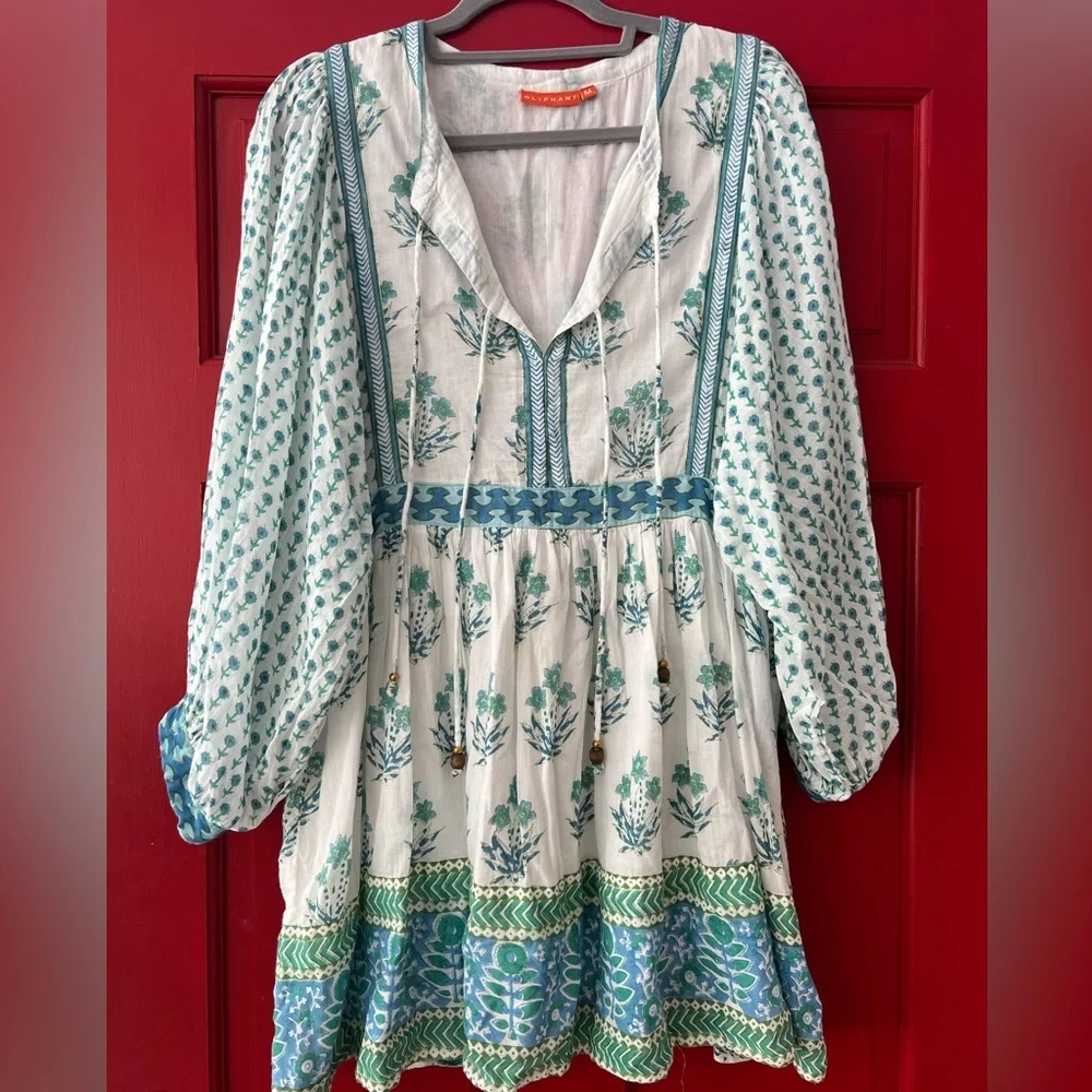 Oliphant White Mini Dress with Teal and Blue Floral Print - Picture 1 of 2